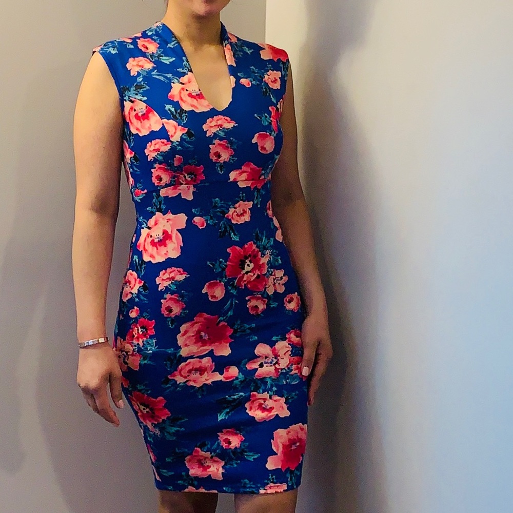 Blue floral mini dress with a back zipper.